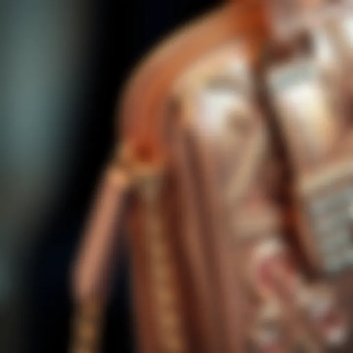Close-up of a rose gold handbag showcasing its intricate details