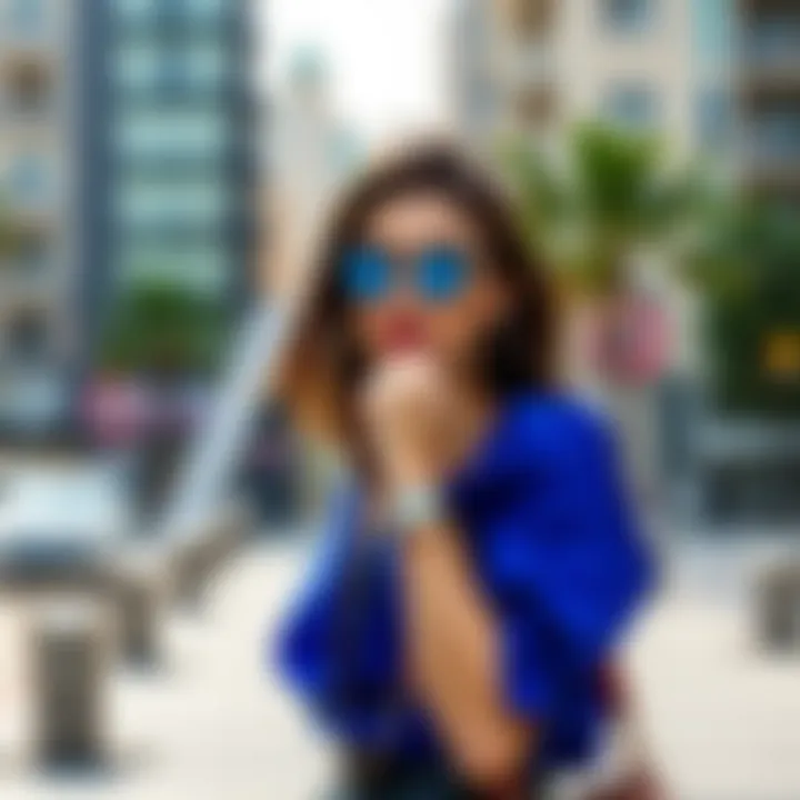 A model confidently wearing a cobalt blue blouse in an urban setting.