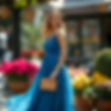 Seasonal looks featuring a long blue dress