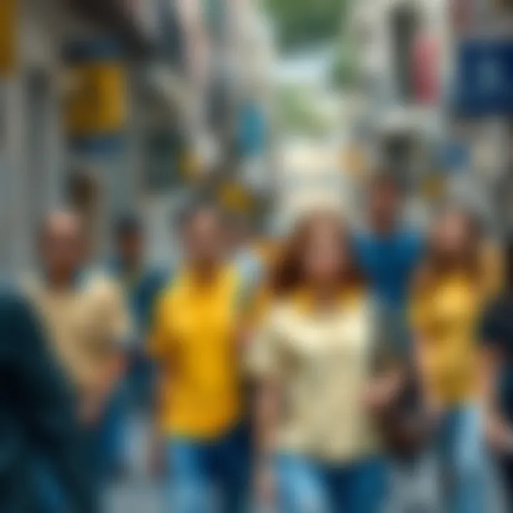 A vibrant street scene with individuals sporting yellow collared t-shirts in various styles.