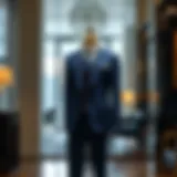 Elegant sax blue suit displayed on a mannequin in a sophisticated setting
