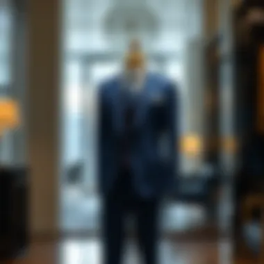 Elegant sax blue suit displayed on a mannequin in a sophisticated setting