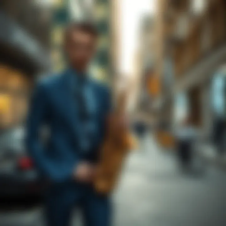 Sax blue suit showcased in a modern urban environment