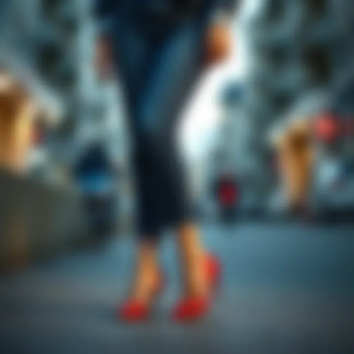 Seasonal denim outfit with fashionable high heels