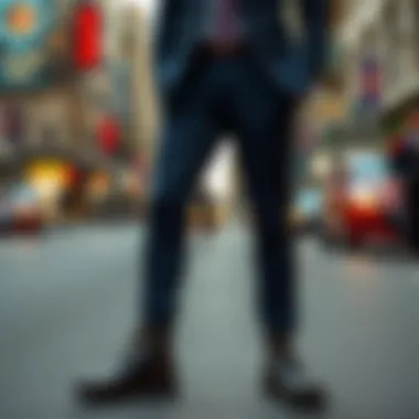 Stylish ensemble of a suit and boots on a city street