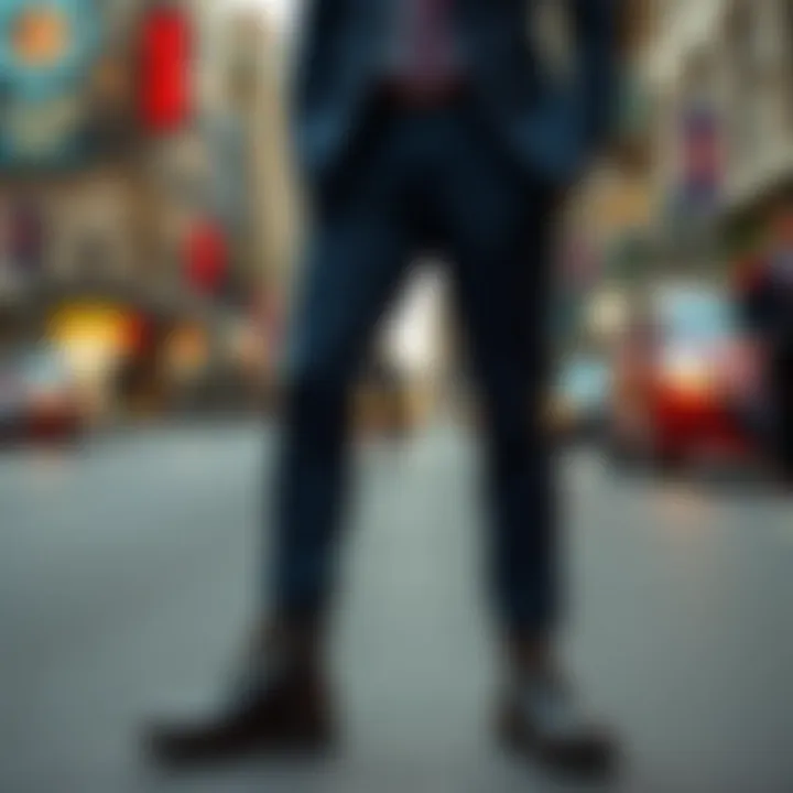 Stylish ensemble of a suit and boots on a city street