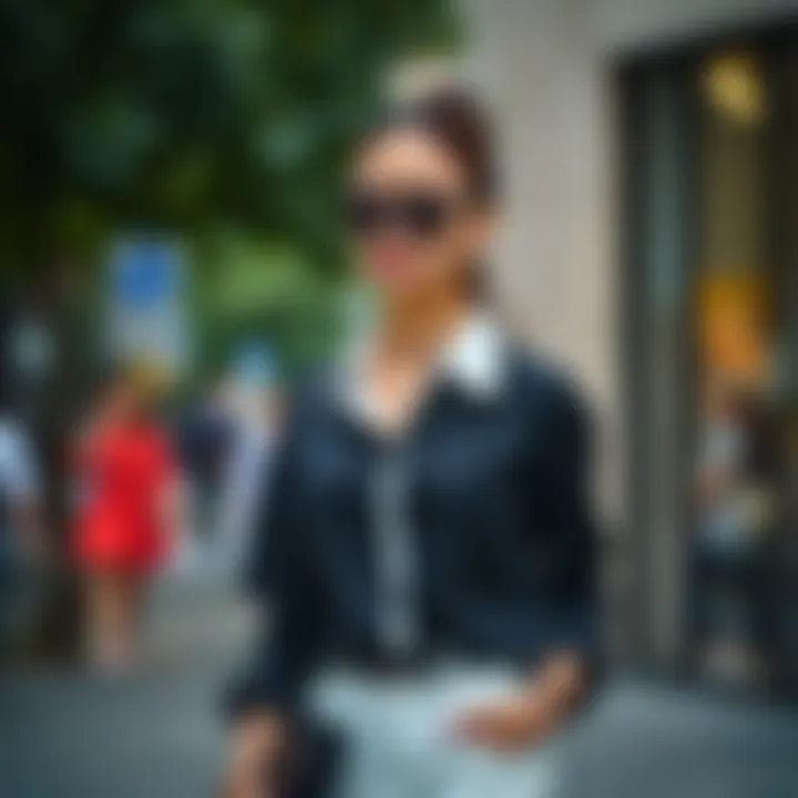 Fashionable outfit featuring a black and white shirt paired with accessories