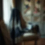 Elegant black and white shawl draped over a vintage chair