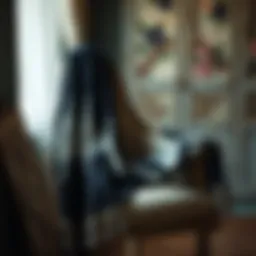 Elegant black and white shawl draped over a vintage chair