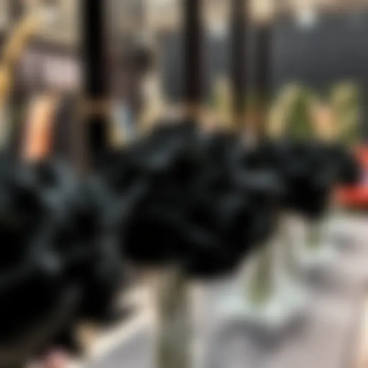 Elegant black flower arrangements displayed at a fashion event