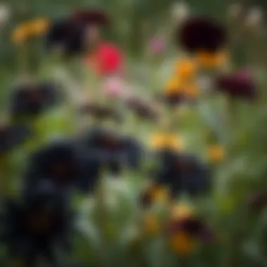 A serene garden featuring a variety of black flowers in bloom