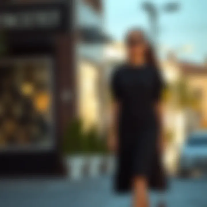 Casual black knee-length dress paired with stylish accessories