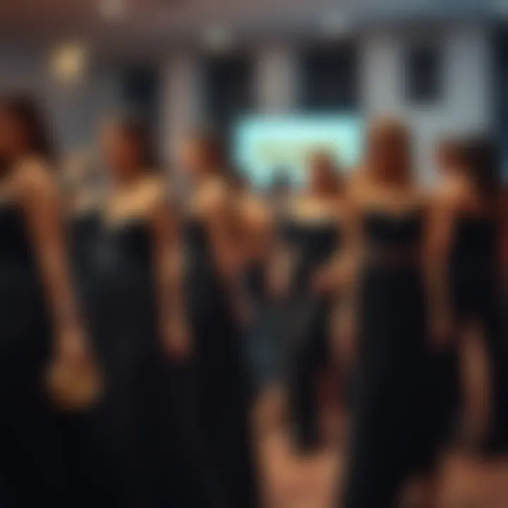 Diverse body types wearing long black chiffon dresses at an event