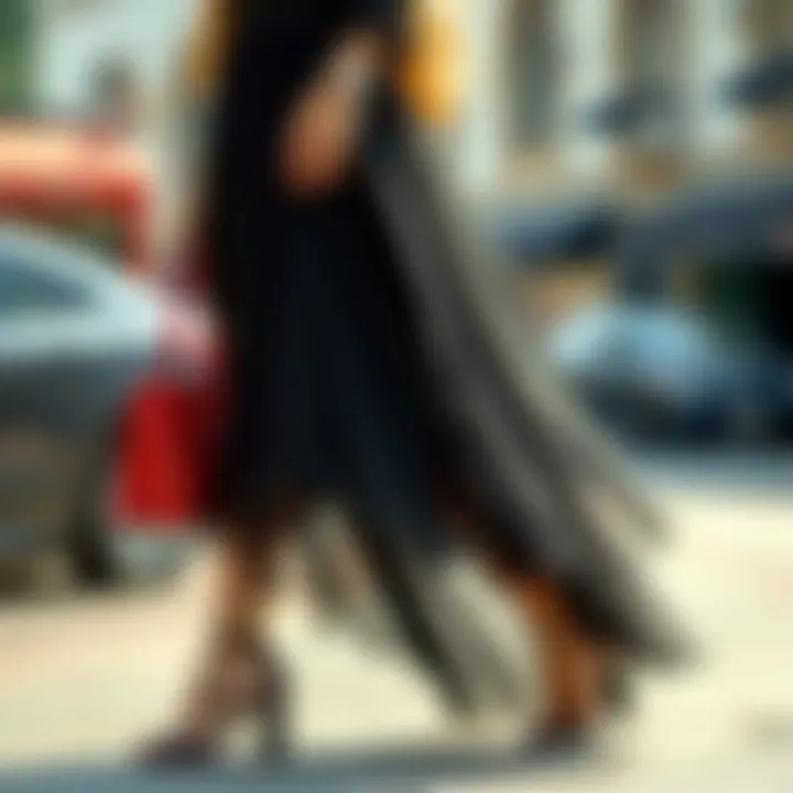 Stylish combination of a short black tulle dress with trendy footwear