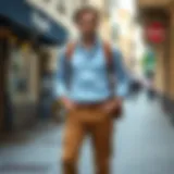 Stylish brown pants with a light blue shirt