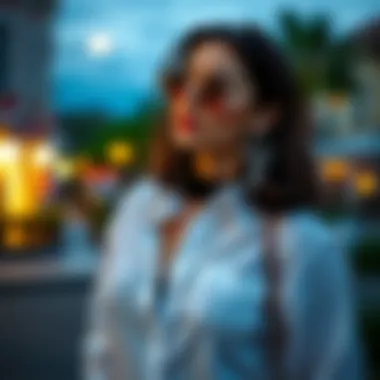 Stylish evening ensemble with white linen shirt and statement accessories