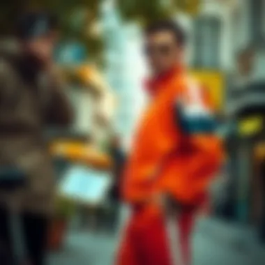 Stylish Tracksuit in Vibrant Setting Stylish tracksuit showcased at a vibrant urban location
