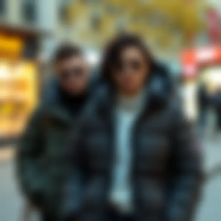 Stylish Urban Wear: Puffer Jackets Stylish individuals wearing puffer jackets in urban settings