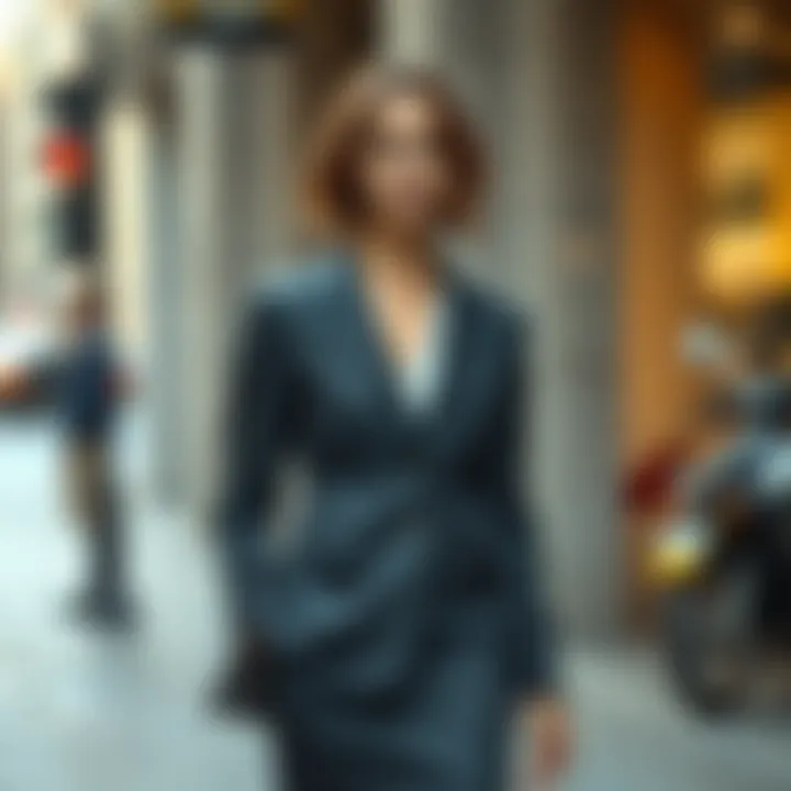 A stylish woman wearing a skirt suit in a city setting