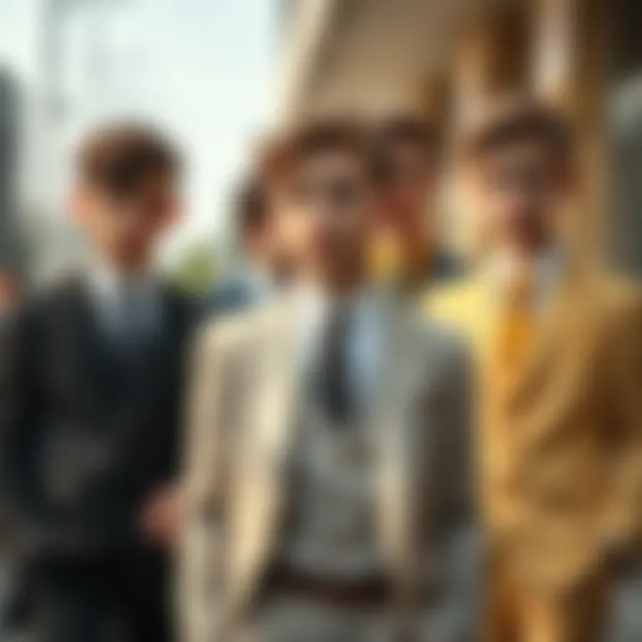 Different styles of suits for young boys displayed