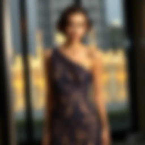 Elegant single shoulder evening dress showcasing intricate design