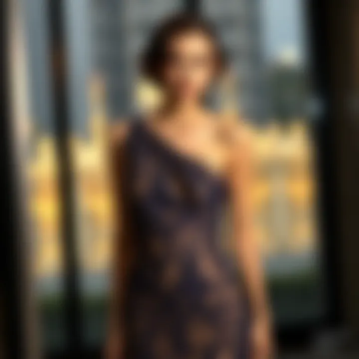 Elegant single shoulder evening dress showcasing intricate design