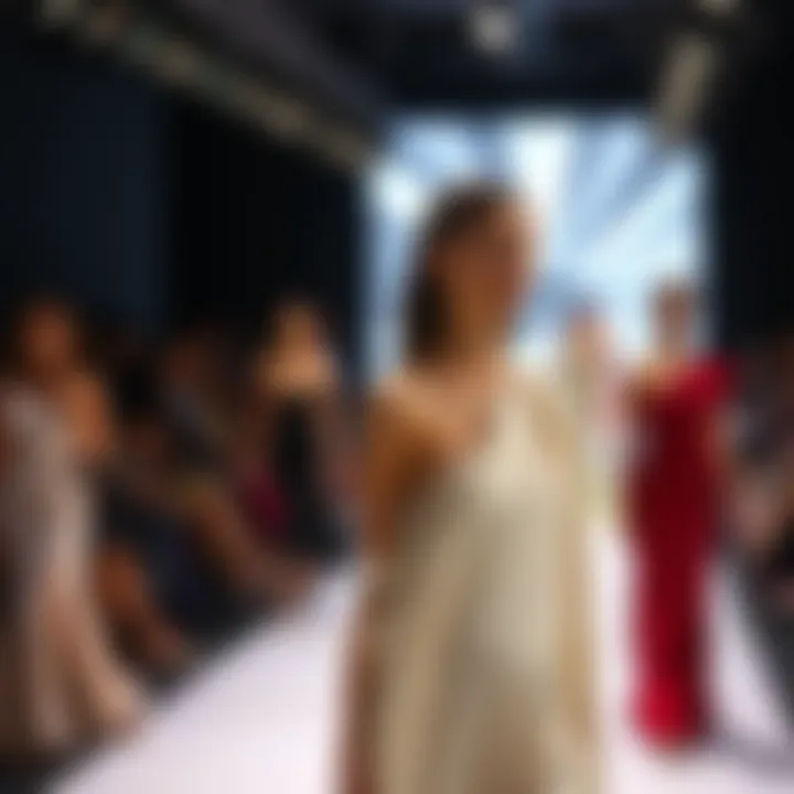 Fashion runway featuring models in single shoulder dresses