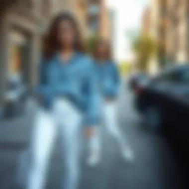 Trendy outfit ideas featuring denim and white pants