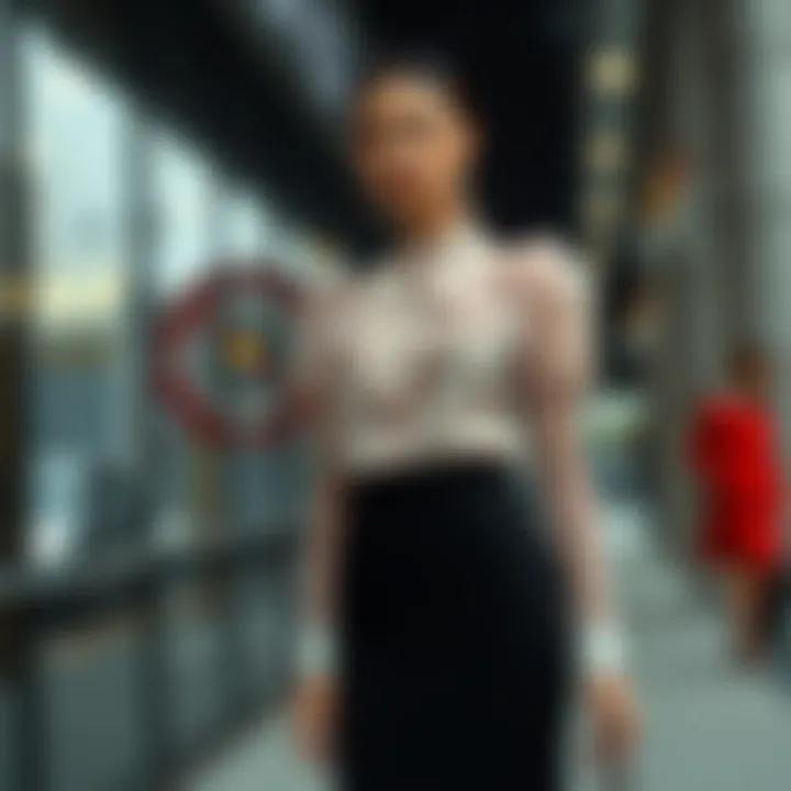 Formal tulle blouse complemented by a sleek pencil skirt