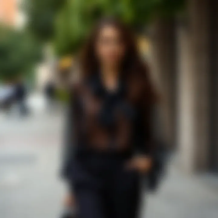 Stylish tulle blouse with tailored trousers