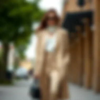 Fashionable ensemble featuring a long blazer paired with chic accessories