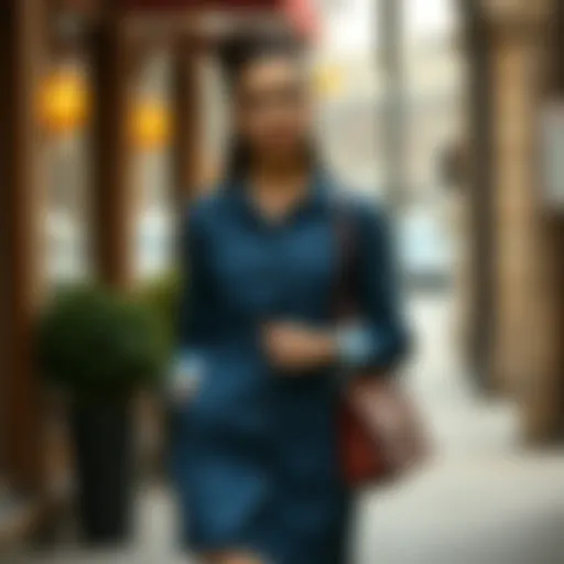 Elegant long-sleeved denim dress styled with accessories