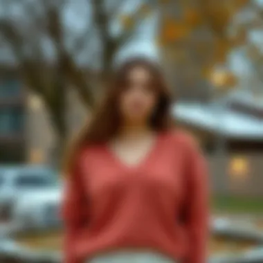 Fashionable V-neck sweater in a seasonal outdoor setting