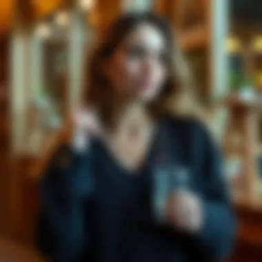 Woman styling a V-neck sweater with accessories