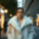 Elegant display of a fur coat in a sophisticated urban setting.