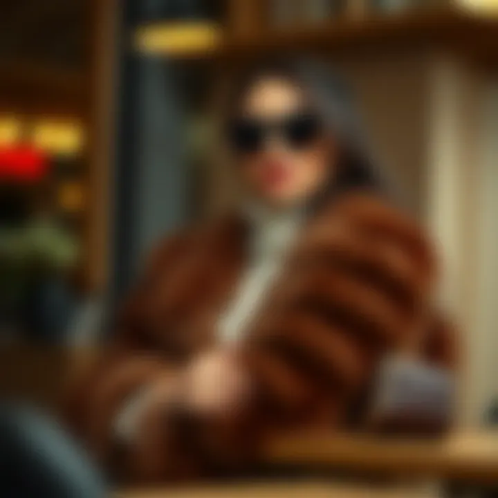 Fashionable outfit showcasing a fur coat paired with stylish accessories.