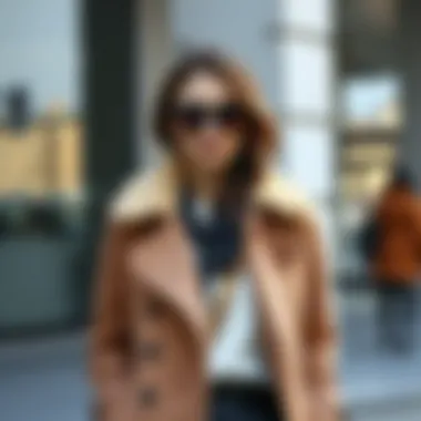 A stylish individual showcasing various outfits paired with a mink trench coat.