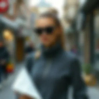 Fashionable layering of a zipped collar sweater with accessories