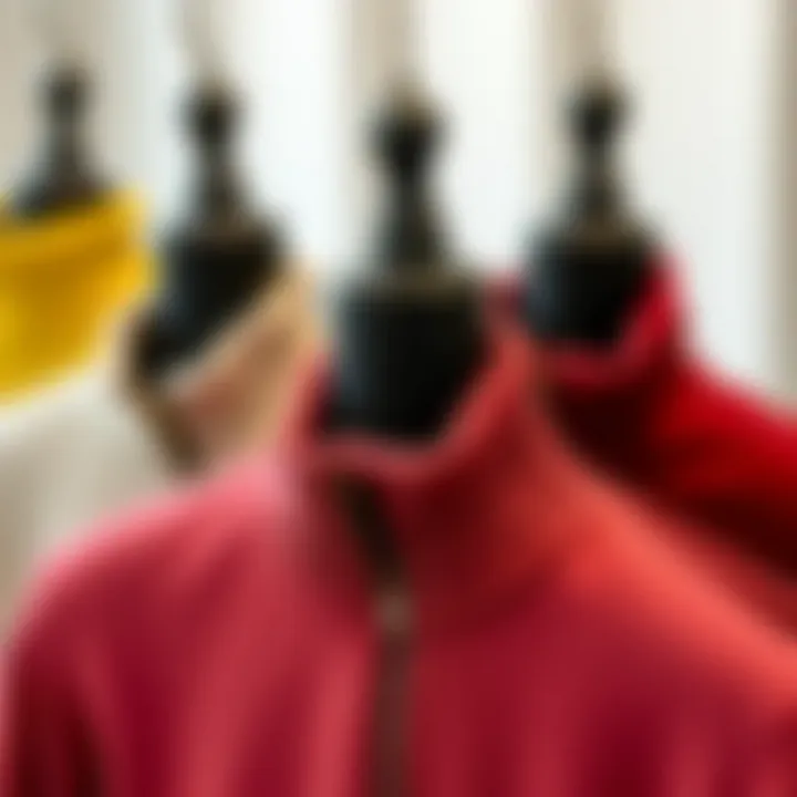 Variety of colors and materials of zipped collar sweaters displayed