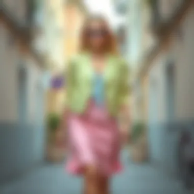 Trendy pastel-colored skirt and jacket combination for summer