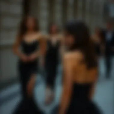 Stylish young adults wearing black evening dresses